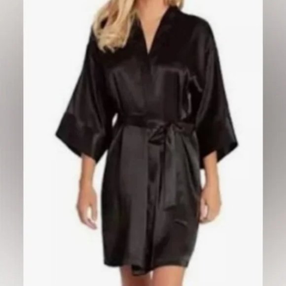 MORGAN TAYLOR Intimates Satin Belted Black Robe Womens Small Medium - Picture 4 of 15